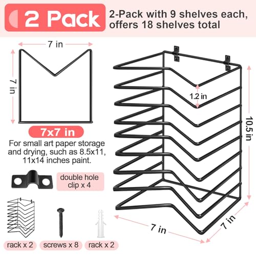 Vowcarol 2 Pack Art Drying Rack for Classroom, 9 Shelves Paint Drying Racks Wall Mount and Desktop Stand