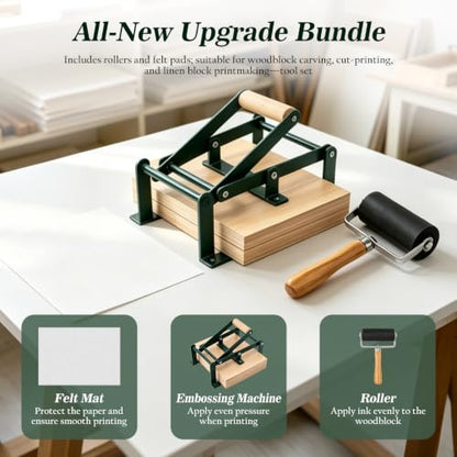 Linocut Hand Lever Press Machine, A5 Black Printing Press with Rollers & Felt Pads, Complete Linoleum Block Printmaking Tools Kit for Woodblock Lino Cuts