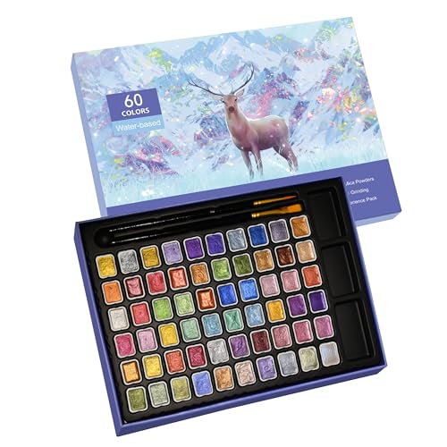 Mini Shimmer Watercolor Paint Set, 60 Colors Glitter Metallic Watercolour Painting Sets, Solid Pearl Water Color Paints for Artists, Amateur Hobbyists and Painting (60 Colours) - color: 60 Colours（1ml）