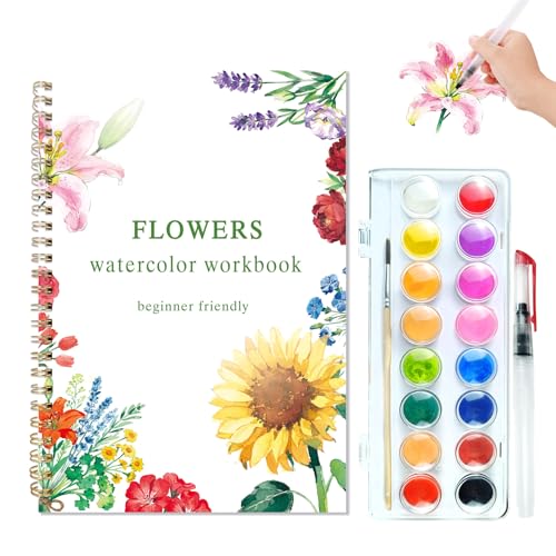 Flowers Watercolor Workbook, Watercolor Painting Book Kit | Includes 12 Paintings, Spiral Bound, 16-Color Paint Set With Cap Palette, Beginner-Friendly, Relaxing Art Kit For Adults - color: A-Flowers with 16 paints