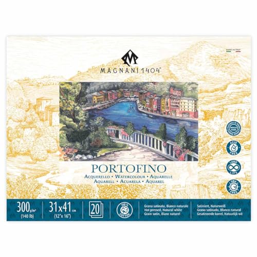 Magnani 1404 Portofino Hot Press 100% Cotton Watercolor Paper Block, 20 Sheets, 12x16, 140 lb, Acid-Free, UV Resistant, Vegan Sized Water Color Paper for Artists, Made in Italy - size: 12x16" Block