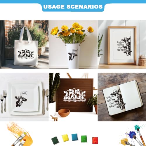 2 Sheets Silkscreen Stencil, Fun Bull Printing Stencils Templates Reusable Self-Adhesive Silk Screen for Painting on Wall, Wood, T-Shirt, Fabric, Home Craft Decor, 8.7x11 Inch - style: Cow