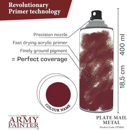 The Army Painter Colour Primer Plate Mail Metal, 400 mL Acrylic Spray Primer, Spray Paint Basecoat for Miniature Priming, Tabletop Roleplaying, Boardgames, and Wargames Miniature Modelling - color: Plate Mail