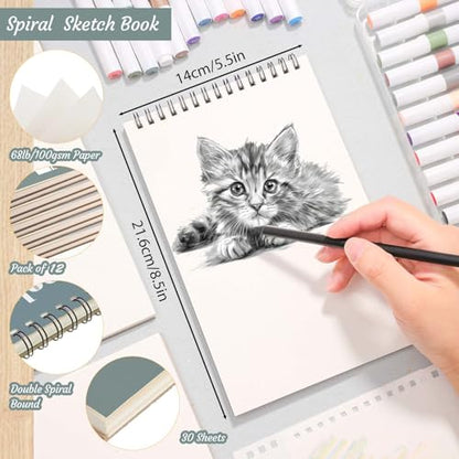 12 Pack Sketch Book, 5.5 x 8.5 Inch Sketchbook, 68lb/100gsm Top Spiral Bound Sketch Pad, Acid Free Art Supplies Drawing Painting Sketching Paper for Adults, Beginners, Artists (30 Sheets Each) - color: Light Cyan, size: 5.5 × 8.5Inch（12 Pack）