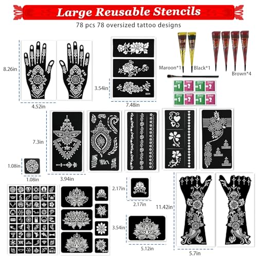 12 Sheets Temporary Tattoo Stencils Kit-Large 78 Pcs Tattoo Patterns-6 Pcs (Reddish-Brown/Black/Maroon) Ink with Paint Brush for DIY Body Art-Tattoos for Adults, Teens, Beginners，Family Fun & Parties - color: D-6Pcs
