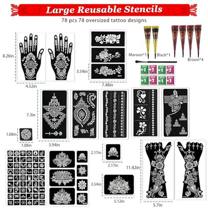 12 Sheets Temporary Tattoo Stencils Kit-Large 78 Pcs Tattoo Patterns-6 Pcs (Reddish-Brown/Black/Maroon) Ink with Paint Brush for DIY Body Art-Tattoos for Adults, Teens, Beginners，Family Fun & Parties - color: D-6Pcs