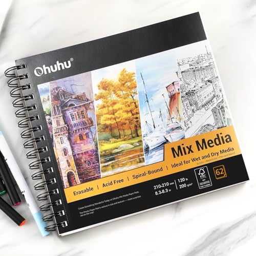 Ohuhu Mix Media Pad, 8.3" x 8.3" Mixed Media Art Sketchbook, 120 LB/200 GSM Heavyweight Papers, 62 Sheets/124 Pages, Spiral Bound Mix Media Paper Pad for Acrylic, Painting, Christmas Gift - size: 8.3" x 8.3"
