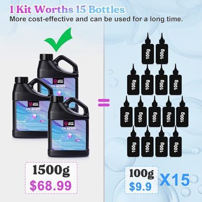 LET'S RESIN UV Resin, 1500g Odorless, Low Shrinkage, Clear Ultraviolet Epoxy Resin with Silicone Measuring Cups, for Jewelry, Molds, Craft Decoration - size: 1500g