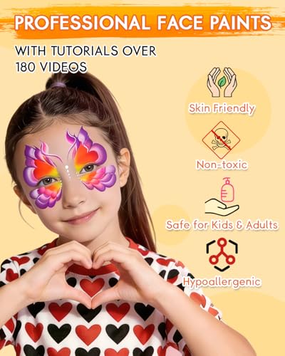 Anka Bella Face Painting Kit for Kids & Adults, Water Activated Face Paint Palette with 14 Brushes, Non Toxic Hypoallergenic Washable Face Paint Professional for Drawing Butterflies - color: ButterflyGlow Palette