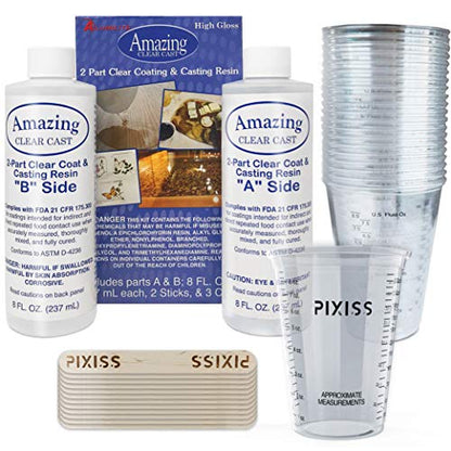 Amazing Clear Cast Epoxy Resin Kit by Alumilite - Deep Pour With 20x Disposable Plastic Mixing Cups and Pixiss Mixing Sticks Bundle
