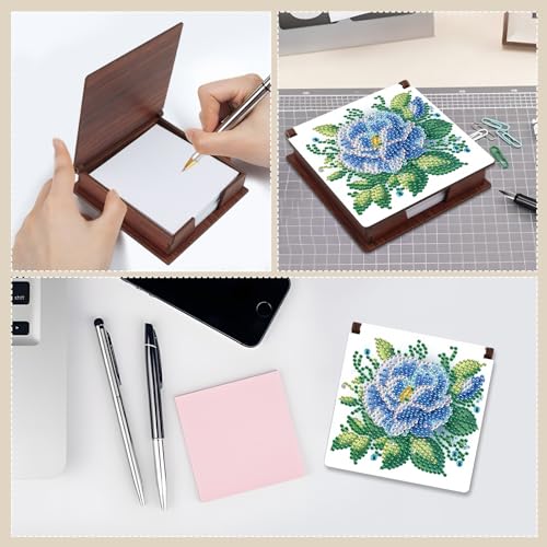Diamond Painting Kit memo Box, Diamonds Art DIY Blue Flowers Patterns Sticky Note Box Special Shape Drill, with 160 Sticky Note, Ideal for Home Office Supplies, Handicrafts, Holiday Gifts - color: Blue flowers