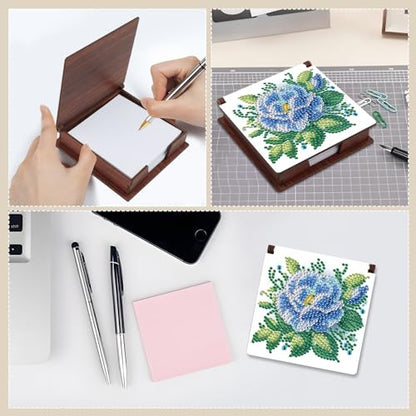 Diamond Painting Kit memo Box, Diamonds Art DIY Blue Flowers Patterns Sticky Note Box Special Shape Drill, with 160 Sticky Note, Ideal for Home Office Supplies, Handicrafts, Holiday Gifts - color: Blue flowers