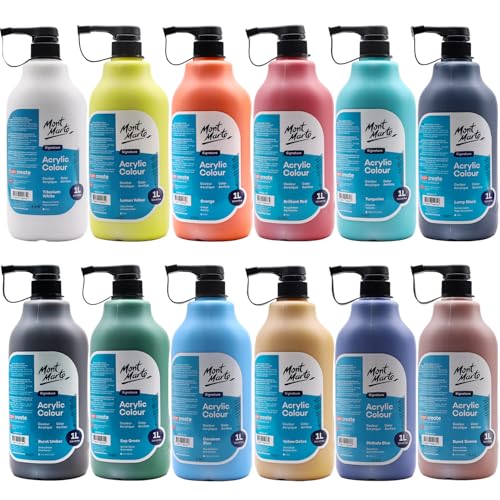 Mont Marte Signature Acrylic Color Paint Set, 33.8oz (1L), Semi-Matte Finish, 12 Colors, Suitable for Canvas, Wood, Fabric, Leather, Cardboard, Paper, MDF and Crafts - color: basic colour, size: 405.77 Fl Oz (Pack of 1)