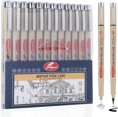 Micro Fineliner Drawing Art Pens: 12 Black Fine Line Waterproof Ink Set Artist Supplies Archival Inking Markers Liner Professional Sketch Outline Anime Sketching Artist Illustration Watercolor