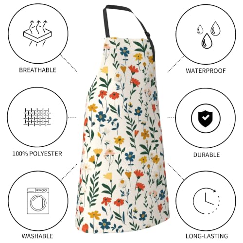 Cream Pastel Wildflower Art Waterproof Apron with Pockets | Garden Aprons for Men Women Adjustable Bib Apron for Cooking Kitchen Baking BBQ Painting Housework Oil Resistant - color: Earthy Summer Blooms