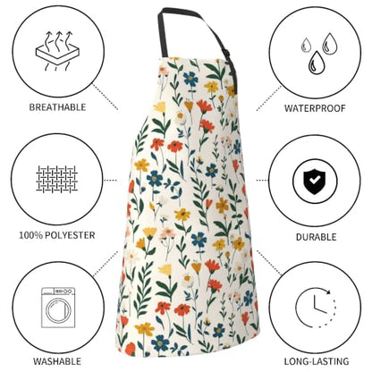 Cream Pastel Wildflower Art Waterproof Apron with Pockets | Garden Aprons for Men Women Adjustable Bib Apron for Cooking Kitchen Baking BBQ Painting Housework Oil Resistant - color: Earthy Summer Blooms