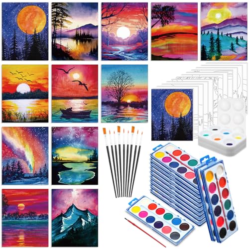Ctosree 12 Sets Pre Drawn Canvas Kit for Painting Adults Sip and Paint Kit Art Pre Printed Canvas Bulk for Adult Date Night, Art Party & Holiday Gift(Natural Scenery,8 x 10 in) - size: 8 x 10 in, style: Natural Scenery