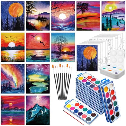 Ctosree 12 Sets Pre Drawn Canvas Kit for Painting Adults Sip and Paint Kit Art Pre Printed Canvas Bulk for Adult Date Night, Art Party & Holiday Gift(Natural Scenery,8 x 10 in) - size: 8 x 10 in, style: Natural Scenery
