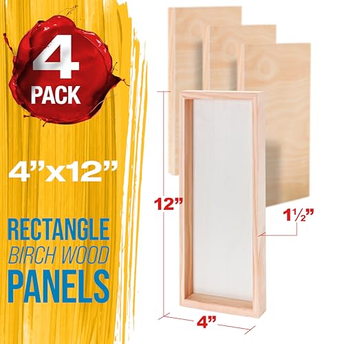 U.S. Art Supply 4" x 12" Unfinished Cradled Wood Panels for Painting, Gallery 1-1/2" Deep (4 Pack) - Artist Depth Wooden Wall Canvases - Mixed-Media Craft, Acrylic, Oil, Encaustic, Paint Pouring - size: 4" x 12"