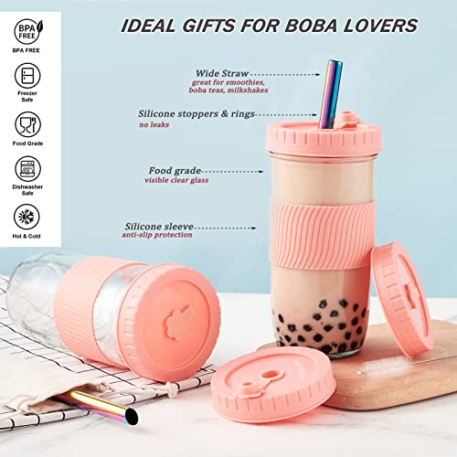 Amyoole 2 Pack Reusable Boba Cup, 24Oz Wide Mouth Smoothie Cup,mason Jar Glass Cups with Lids and Straws,Bubble/Boba Tea Cups,Ice Coffee Tumbler 2 colored straws 1 sponge brush(Pink) - color: Pink
