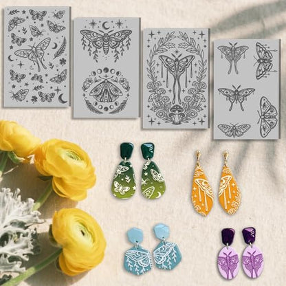 4 Sheets Moth Clay Texture Mat Plants Pattern Polymer Clay Texture Sheets DIY Tools for Pottery Earring Jewelry Making Stamp Engraving Machines, 4x2.6inch - style: Moth