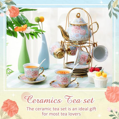 Zhehao 20 Pcs Porcelain Tea Set with Metal Holder and Spoon Adult Ceramic Tea Set European Flower Painting Teapot Cup Saucer Spoon for Women Mom Gift, Large Version (Vivid Style) - color: Vivid Style