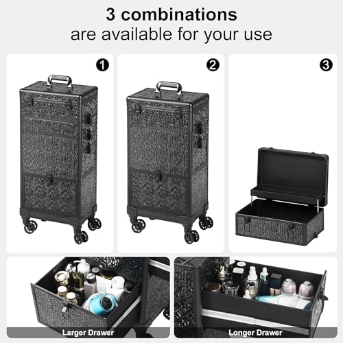 Rolling Makeup Case with Large Drawer, Makeup Train Case with Tray, Cosmetology Case on Wheels, Travel Makeup Case Organizers, Professional for Salon Barber, Nail, Tattoo, Black - color: Black, style: No Mirror