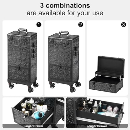 Rolling Makeup Case with Large Drawer, Makeup Train Case with Tray, Cosmetology Case on Wheels, Travel Makeup Case Organizers, Professional for Salon Barber, Nail, Tattoo, Black - color: Black, style: No Mirror