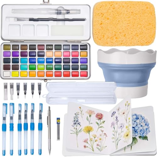 50 Colors Watercolor Paint Set, Painting Set with Coloring Book, Water Brushes,washer,Storage Box,Large Sponge and Mechanical Pencil, Art Supplies, Travel Watercolor kit, Amateur Hobbyists