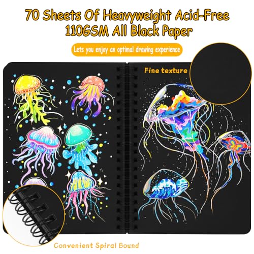 5x7in Black Paper Mixed Media Sketchbook, 110gsm Spiral Bound Art Journal Sketchbook, 70Sheets Acid-Free Travel Pocket Sketch Pad for Drawing, Illustration, Ideal for Most Dry Media - color: 1-BlackPaper-SideSpiral