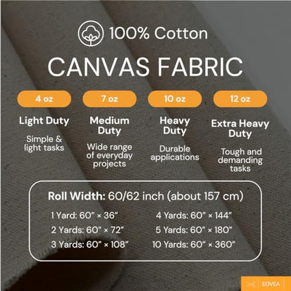 Eovea | Canvas Fabric | Cotton Duck | 100% Cotton | 7oz Medium Weight | 60" Wide | Tote Bags, Curtains, Tablecloths, Arts & Crafts, Backings (7oz, 1 Yard) - color: 7oz Natural, size: 1 Yard