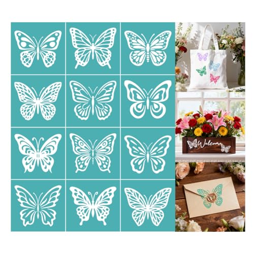 2 Sheets Butterfly Silk Screen Stencil, 12 Styles Butterflies Self-Adhesive Silk Screen Printing Stencils Reusable Mesh Stencil for Painting on Wall, Wood, T-Shirt, Home Craft Decor - style: Butterfly