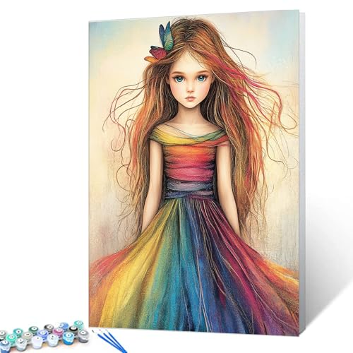 Tucocoo Boho Little Girl Paint by Numbers Kits with Brushes and Acrylic Pigment on Canvas Painting for Adults, Colorful Dress Fashion Girl Art Picture for Home Wall Decor Gifts 16''x20'' (DIY Framed) - color: Artwork-05, size: 16''x20''(DIY Frame)