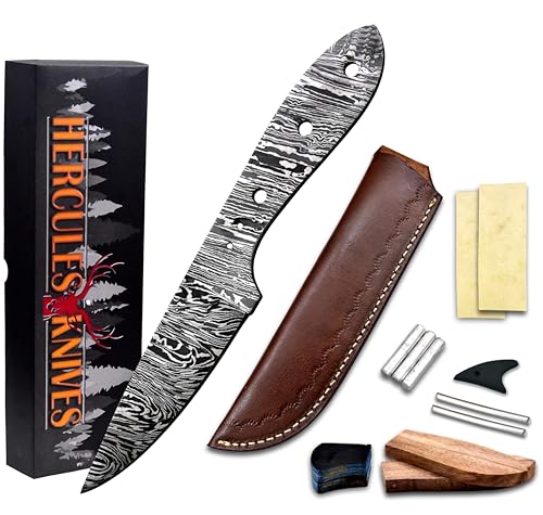 Custom Hand Forged Damascus Steel Blank Blade Knife Making Kit, Leather sheath, Pin, Scale, DIY Hunting, Camping Blade, Damascus Blade Billet Handmade, Knife Making Supply (BK-L) - color: BK-L