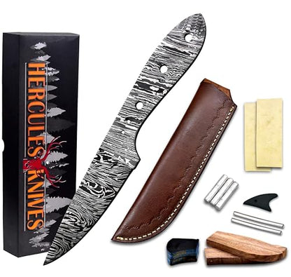 Custom Hand Forged Damascus Steel Blank Blade Knife Making Kit, Leather sheath, Pin, Scale, DIY Hunting, Camping Blade, Damascus Blade Billet Handmade, Knife Making Supply (BK-L) - color: BK-L