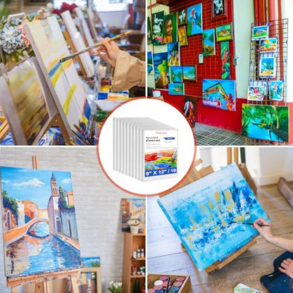 Stretched Canvas - 5x7, 8x10, 9x12, 11x14 (3 of Each) Total 12 Canvas Pack - 100% Cotton Blank Canvases for Oils Acrylics and Pouring - size: 12 Packs -4Sizes (3 of Each)