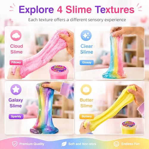 4 Textures - 80 Pack Slime Kit for Girls Boys, with Galaxy, Butter, Cloud, Clear Slime, Bulk DIY Putty Toys for Kids Party Favors, Sensory Stress Relief Birthday Gifts for Ages 4-8 8-12, Non-Stick - style: 80 Pcs Explore 4 Slime Textures