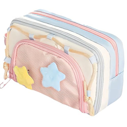 Portable Multi-Layer Kawaii Star Pencil Case Organizer - Large Capacity Pencil Case with Compartments - Cute Pencil Pouch Functional Bag (Pink) - color: Pink