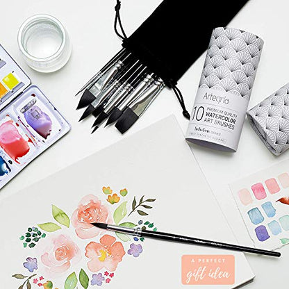 ARTEGRIA Watercolor Brush Set, 10 Professional Soft Synthetic Squirrel Paint Brushes, Including Pointed Rounds, Flats, Dagger, Oval Wash - color: Black - 10pcs