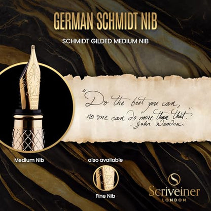 Scriveiner Luxury Fountain Pen - Stunning Gold Luxury Pen, Real Gold Finsih, Schmidt Gilded Nib (Medium), Converter, Best Pen Gift Set for Men & Women, Professional, Executive, Office, Nice Pens - color: 11. Gold, style: Medium Nib
