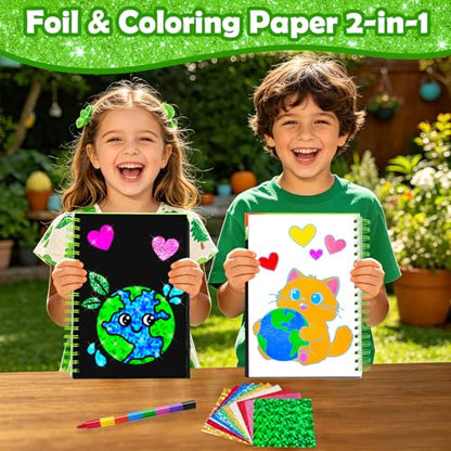 FUNNYB&G Foil Art Craft Kit for Kids 4-10 Years Old: Mess-Free & No-Glue, Create 16 Sparkly Going Green Pictures – Perfect Travel Toy & Birthday Gift for Kids (Going Green) - style: Going Green