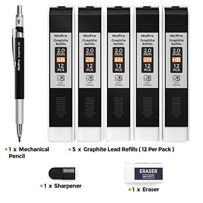 Nicpro 2.0 mm Mechanical Pencil Set, Artist Metal Lead Holder Metal Marker Carpenter pencils with 60 Graphite Lead Refill HB, 2H, 4H, 2B, 4B, Eraser, Sharpener for Draft Drawing, Writing Art Sketching - size: 1 Count (Pack of 1)