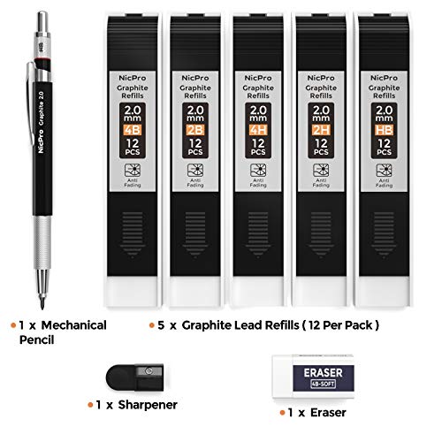Nicpro 2.0 mm Mechanical Pencil Set, Artist Metal Lead Holder Metal Marker Carpenter pencils with 60 Graphite Lead Refill HB, 2H, 4H, 2B, 4B, Eraser, Sharpener for Draft Drawing, Writing Art Sketching - size: 1 Count (Pack of 1)