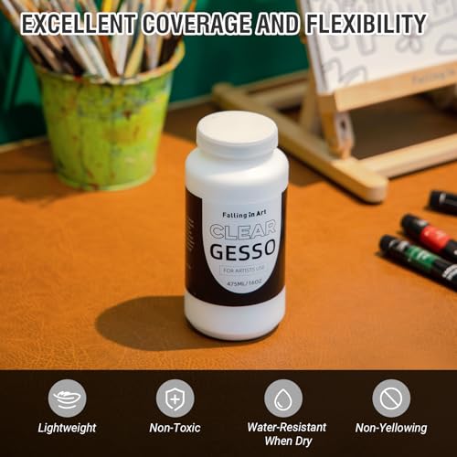 Falling in Art Clear Gesso for Acrylic Painting, Acrylic Gesso Primer for Oil Paints, 16 oz Non-Toxic Canvas Primer Surface Prep Medium - color: Clear