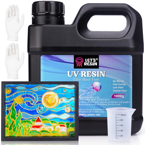 LET'S RESIN UV Resin, Upgraded 1,000g Crystal Clear UV Resin Hard, Low Odor Ultraviolet Epoxy Resin, UV Light Cure Solar Sunlight Activated Glue for Jewelry, Craft Decoration - size: 1000G UV RESIN