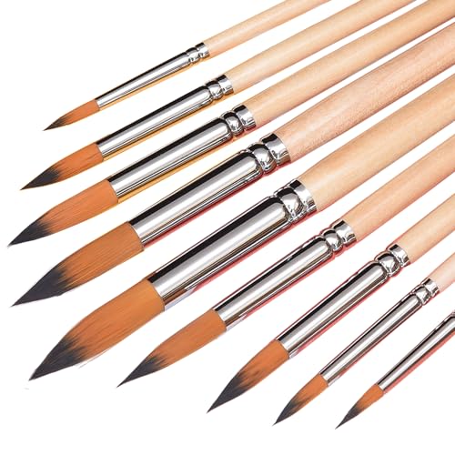 Artist Watercolor Brushes Set,9 Pcs Professional Painting Kits with Long Handle Soft Nylon Hair Round Tips Brushes for Acrylic Oil Watercolor Gouache (Pointed-Round) - size: Round Pointed Tip Long Handle