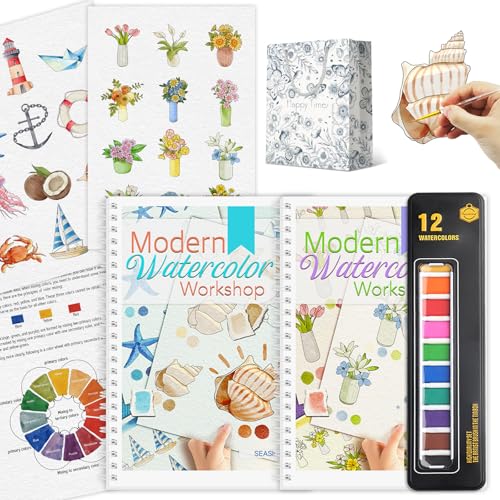 2Pcs Watercolor Workbook Beginner Friendly Watercolor Workbook with 12 Colors Paint Color, Watercolor Paper, Beginner Watercolor Painting Kit with Step by Step for Adults Teens Valentine's Day Gift - style: Seaside & Bouquet