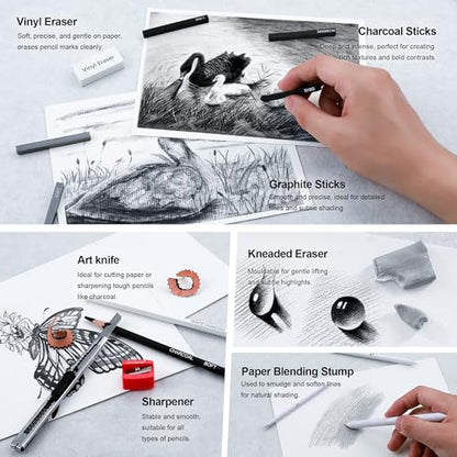 33 Piece Sketching Pencil Set - 5H to 14B Pencils, Charcoal Pencils, Charcoal Sticks,Graphite Sticks,Painting tools – drawing pencil set for Beginners, Artists, Students, Kids