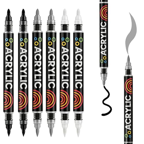 White & Black & Grey Acrylic Paint Markers, Dual Tip with Fine Tip and Brush Tip Acrylic Paint Pens for Stone, Paper, Wood, Glass, Fabric Paint, DIY Crafts (6, 2Black+ 2White+ 2Grey) - color: 2Black+ 2White+ 2Grey