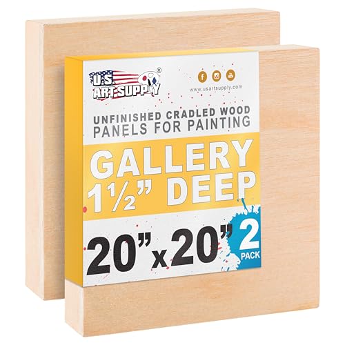 U.S. Art Supply 20" x 20" Unfinished Cradled Wood Panels for Painting, Gallery 1-1/2" Deep (2 Pack) - Artist Depth Wooden Wall Canvases - Mixed-Media Craft, Acrylic, Oil, Encaustic, Paint Pouring - size: 20" x 20", style: Square